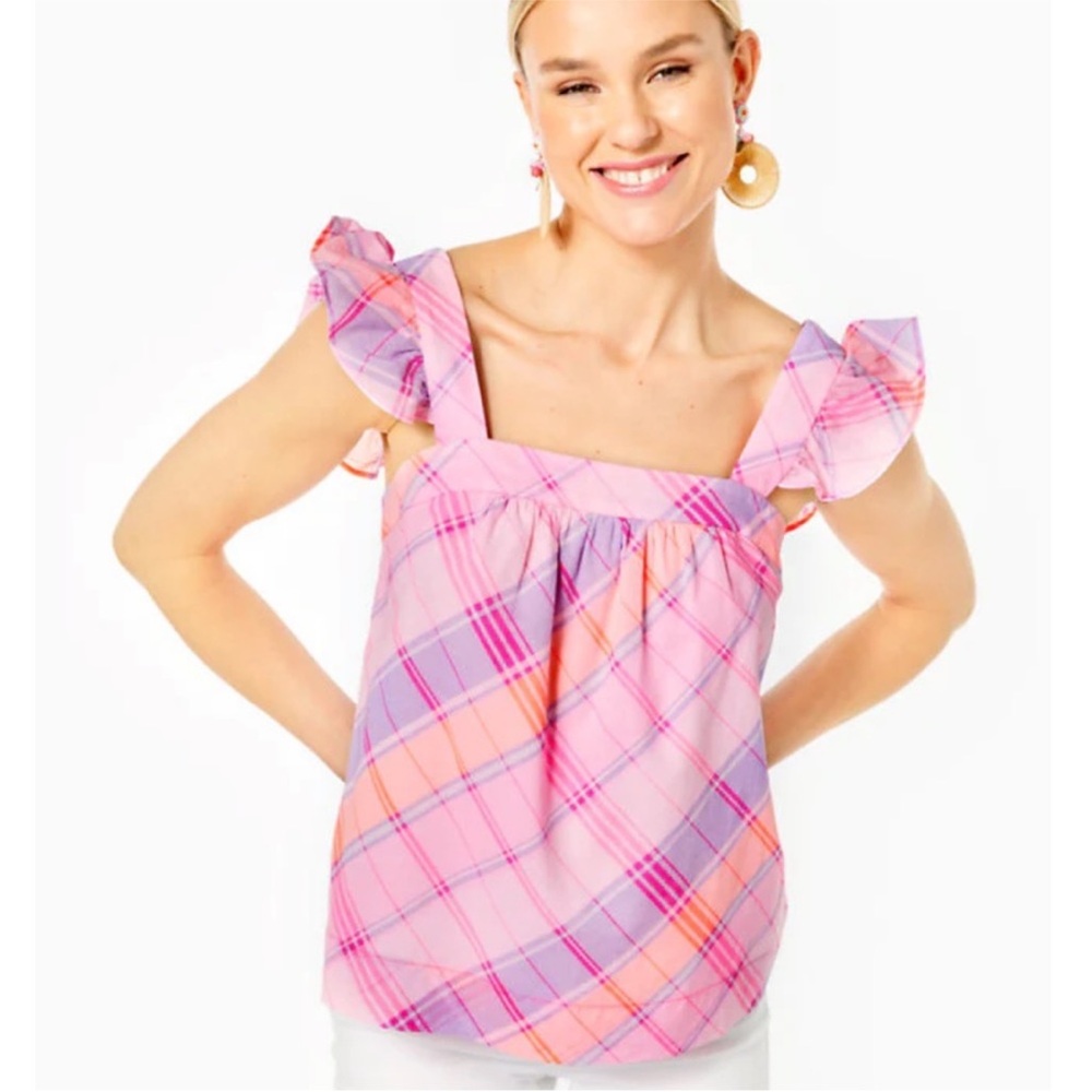 NWT Lilly Pulitzer Reyna Top - Pink Isle Madras Plaid size XXS $98